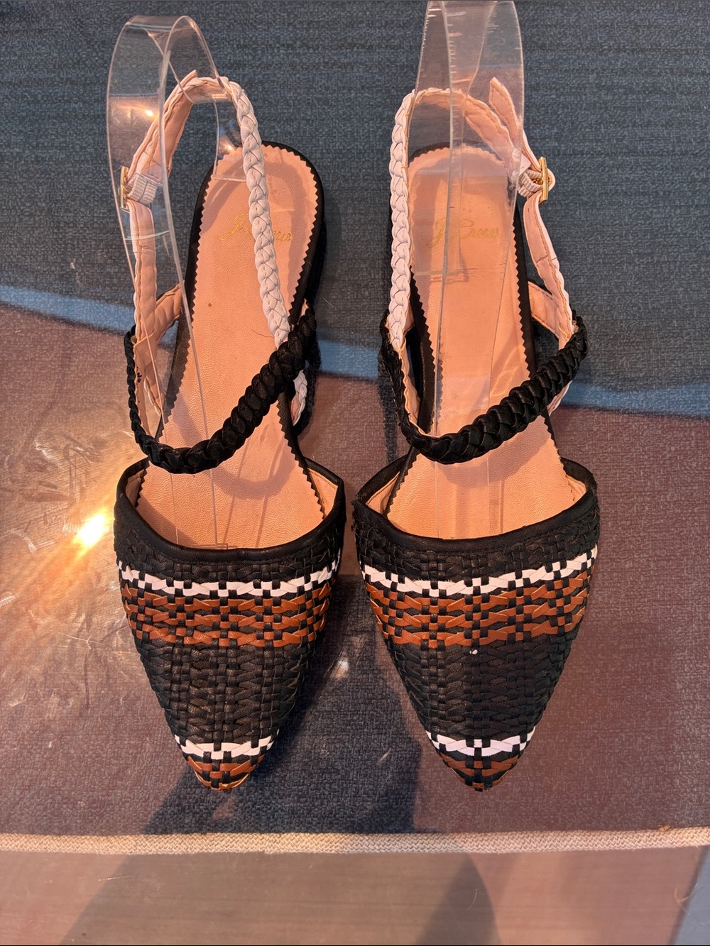 J Crew Woven Pointed Toe Slingback Flats - Black & Brown